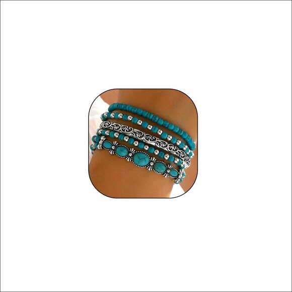 Jewelry - Stretch Turquoise Beaded Bracelet Set, Boho Western Stackable Jewelry